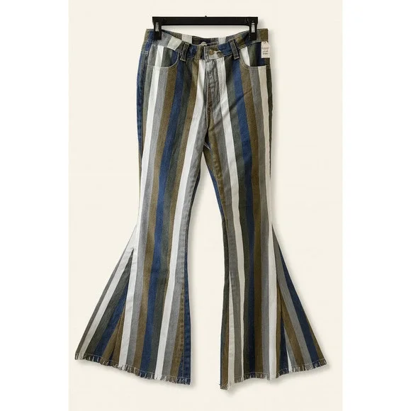 Hope L Bell Bottom Jeans Vintage Style Striped Boho Retro Y2K Hippie 70's Retro - Picture 3 of 14
